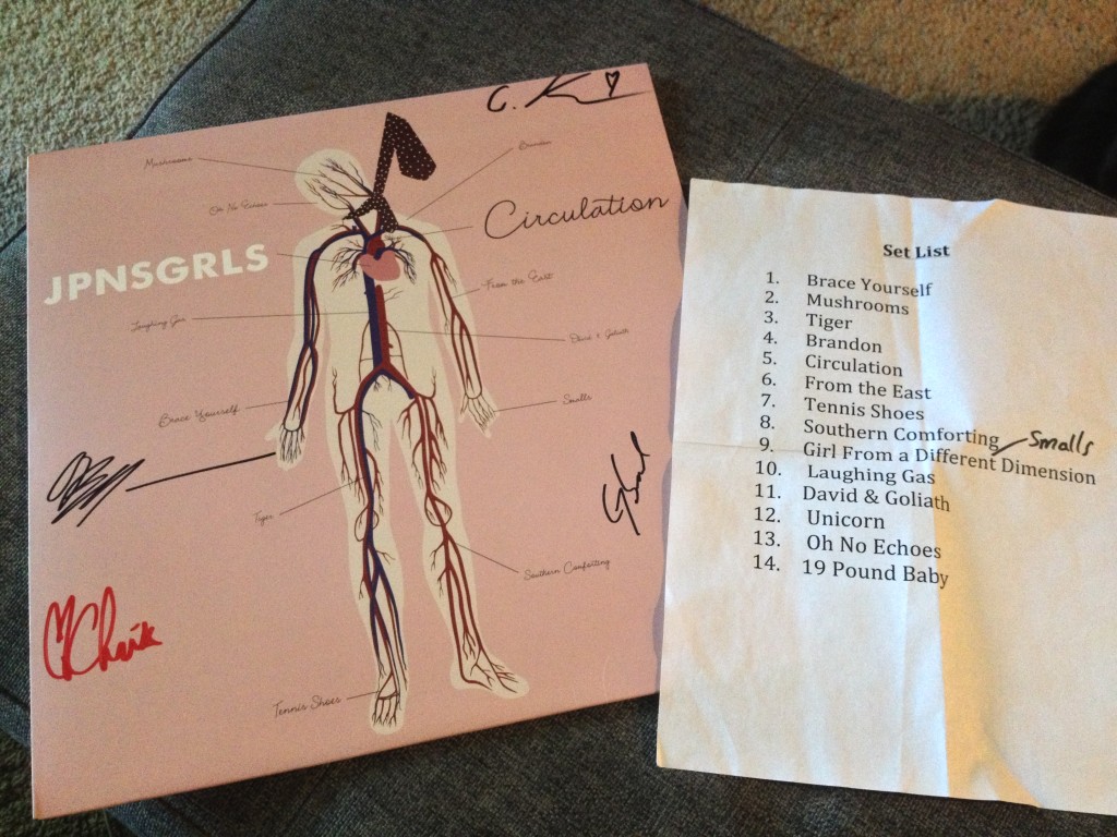 Signed vinyl copy of JPNSGRLS Circulation album and Setlist (Photo by Melissa Henderson)